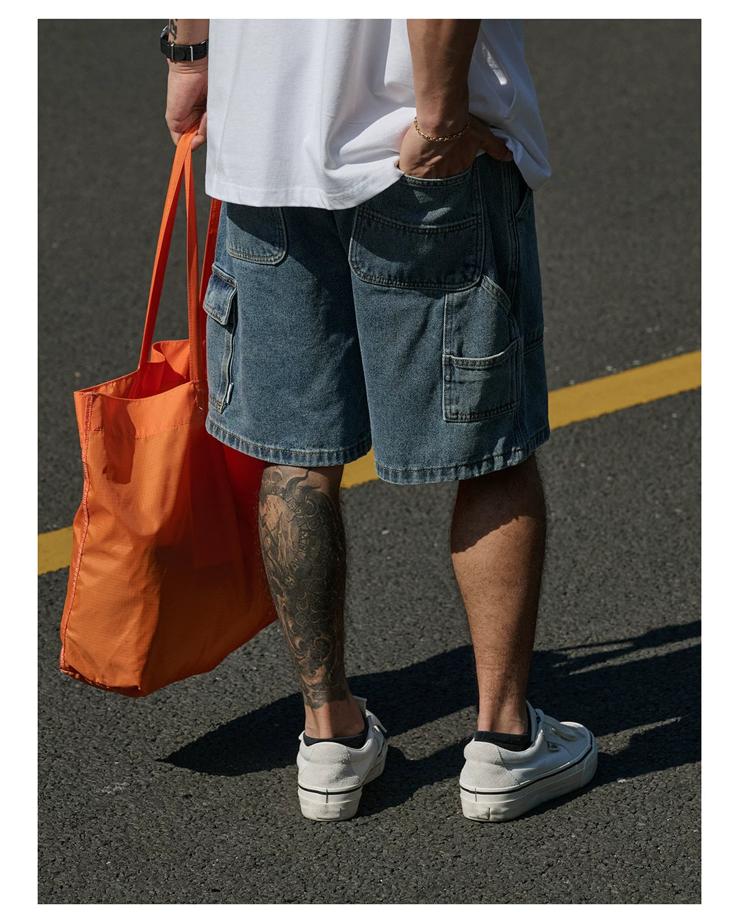 Washed Denim Cargo Shorts