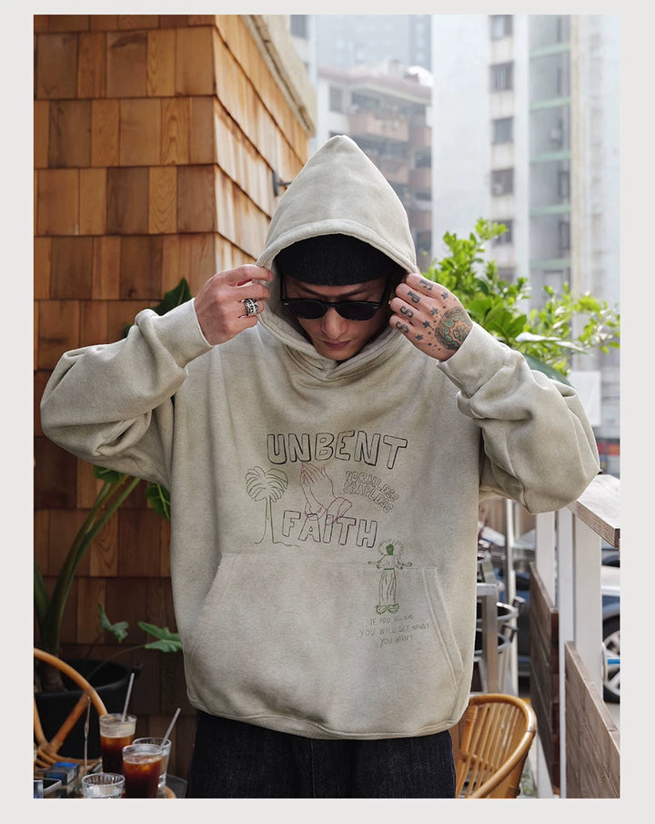 Washed Print Fleece Hoodie