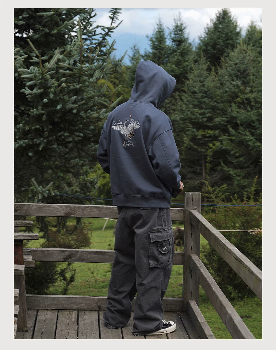 Crane Embroidered Fleece Hoodie
