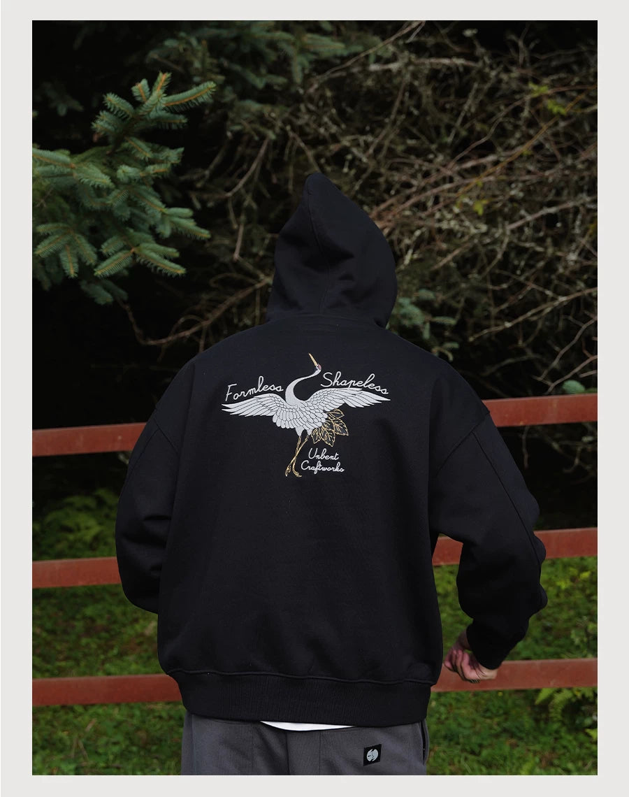 Crane Embroidered Fleece Hoodie