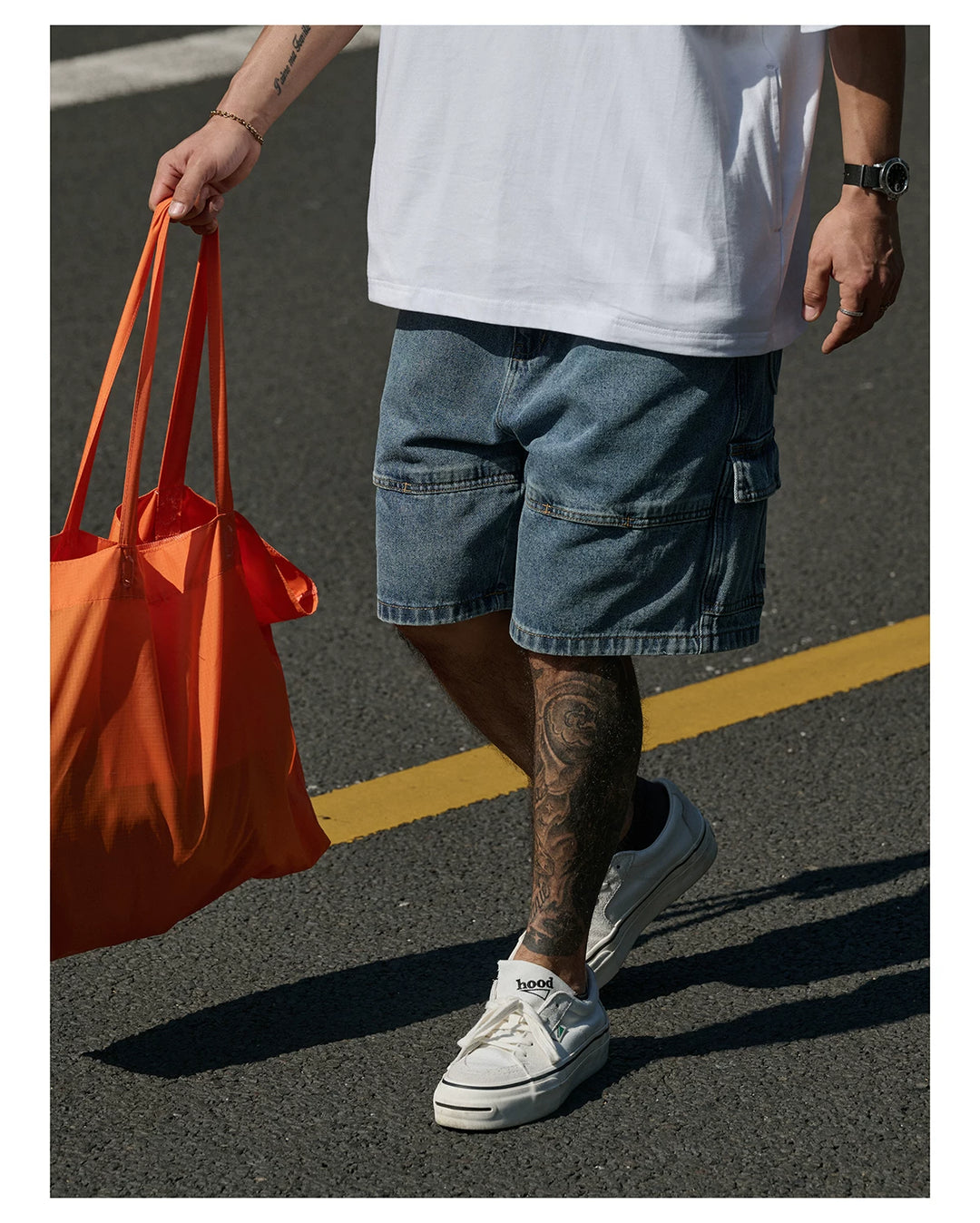 Washed Denim Cargo Shorts