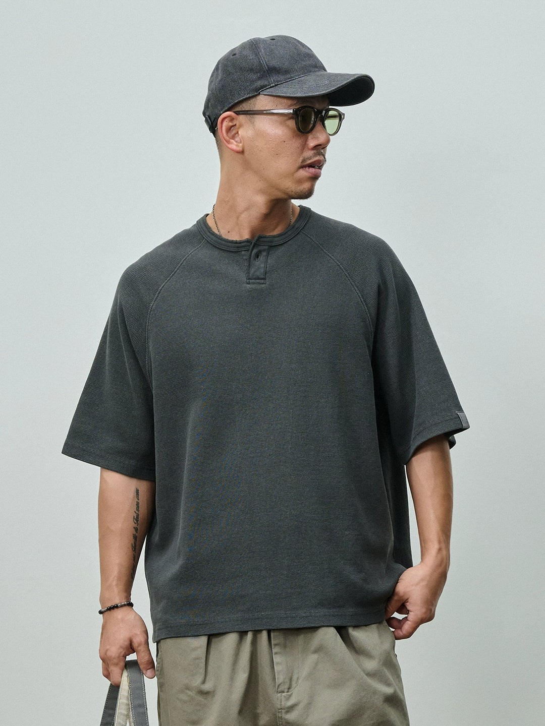 Acid Wash Waffle Henley Tee