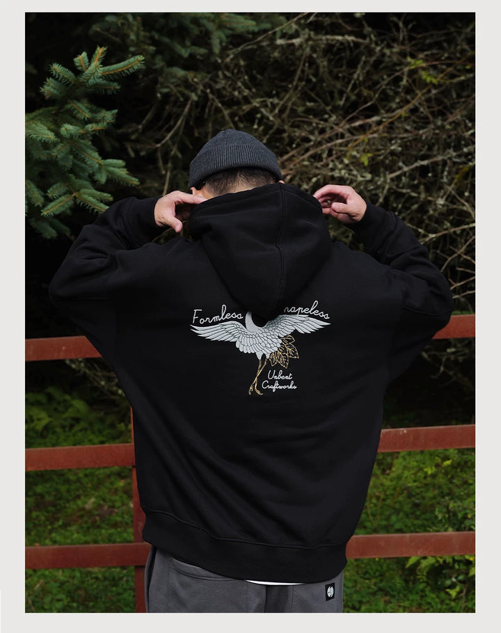 Crane Embroidered Fleece Hoodie