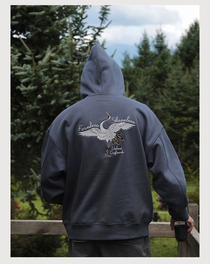 Crane Embroidered Fleece Hoodie