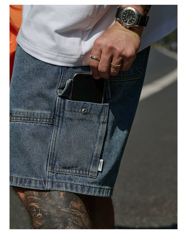 Washed Denim Cargo Shorts