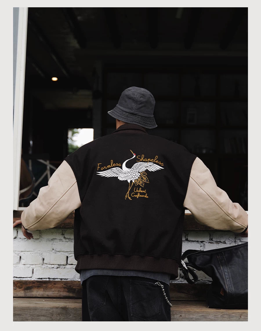 Crane Embroidered Baseball Jacket