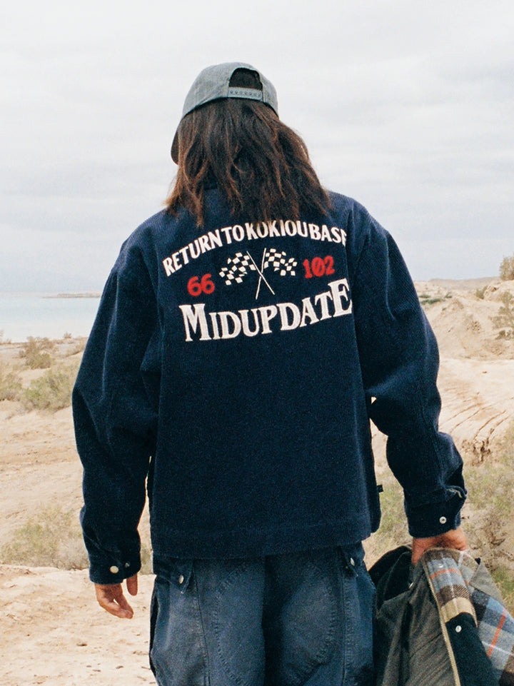 Washed Distressed Corduroy Embroidered Lapel Jacket