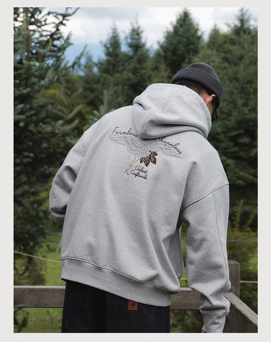 Crane Embroidered Fleece Hoodie
