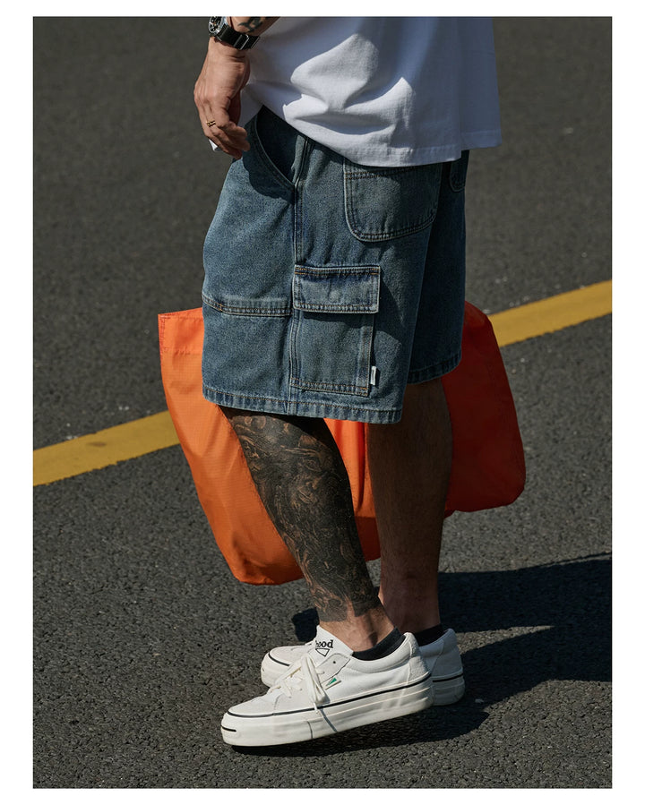 Washed Denim Cargo Shorts