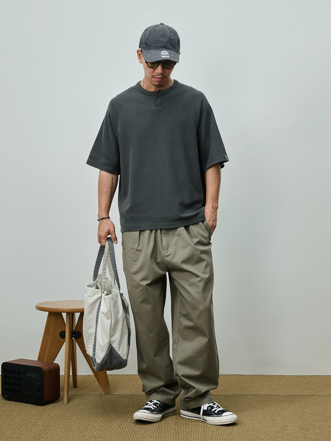 Acid Wash Waffle Henley Tee