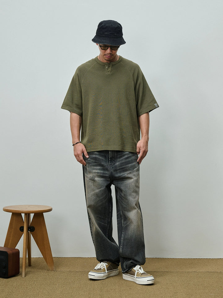 Acid Wash Waffle Henley Tee