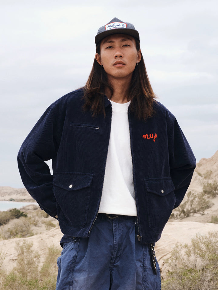 Washed Distressed Corduroy Embroidered Lapel Jacket